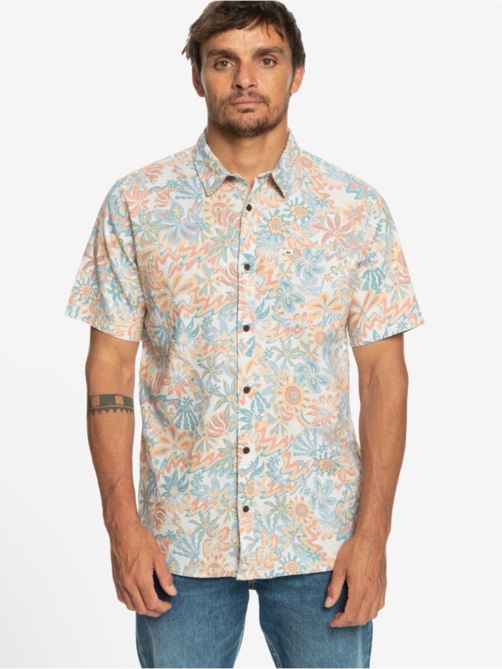 Quiksilver Men's Short-Sleeve Floral Button-Down - Light Blue & Coral
